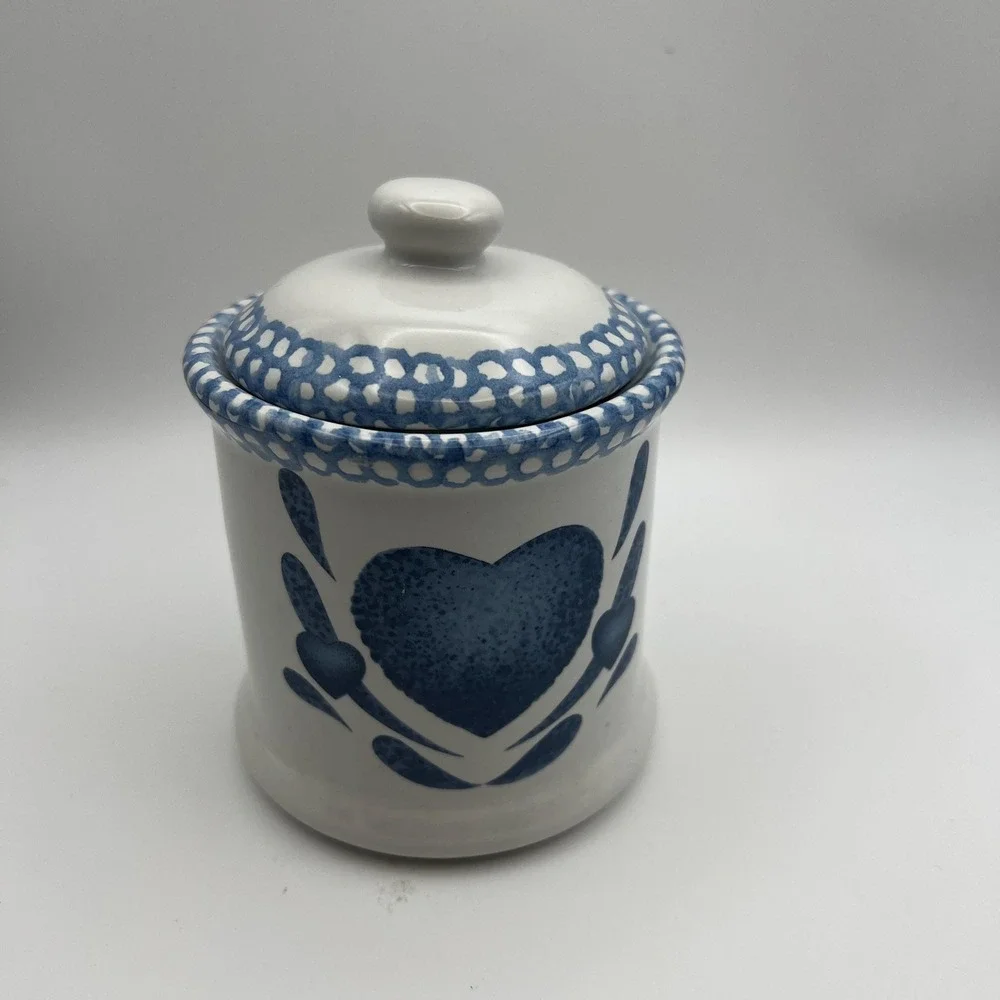 Vintage 1980s Blue Heart Ceramic Canister | Farmhouse Country Kitchen